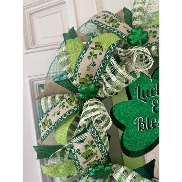 Lucky & Blessed Shamrock Saint Patrick’s Day Mesh Ribbon Wreath Door Hanger - Picture 4 of 8